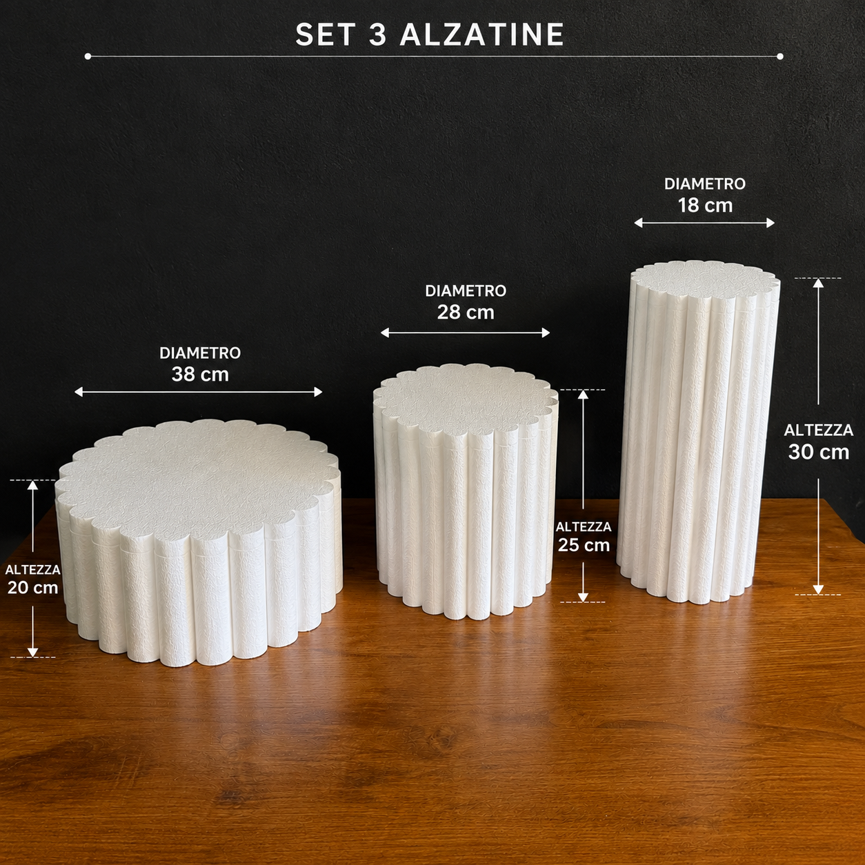 ElinorLab ™ Set 3 Alzatine in Polistirolo plissettate – Diametri e Altezze Diverse
